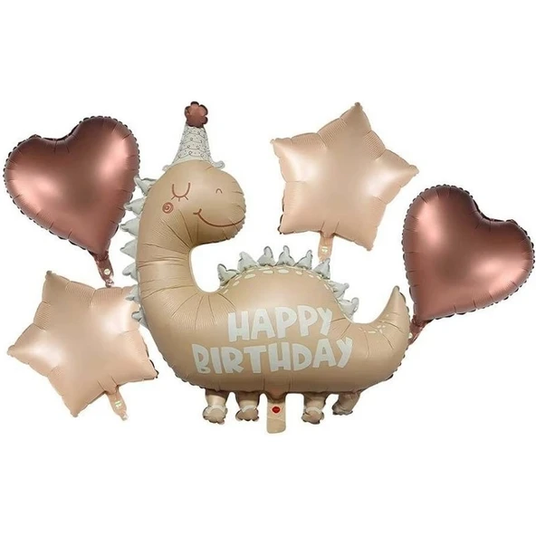 Parti Sürprizi Retro Happy Birthday Dinozor Şekilli 5 Li Folyo Balon Set ürün görseli