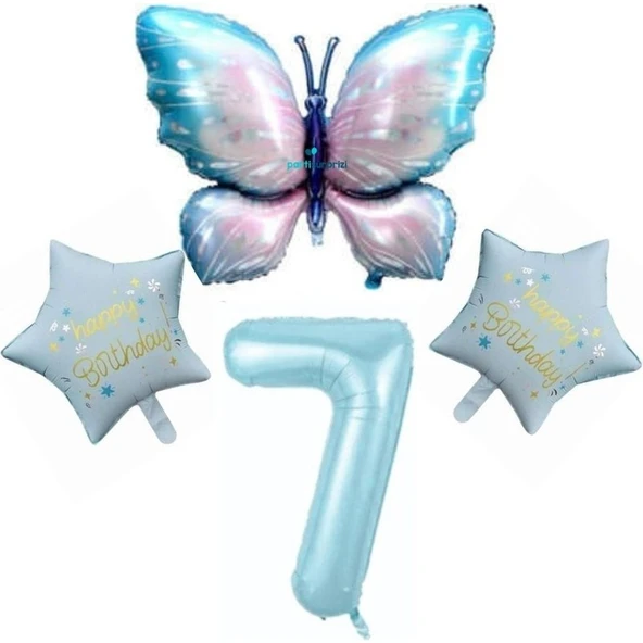 Parti Sürprizi Mavi Kelebekli Happy Birthday 7 Yaş Folyo Balon Set ürün görseli