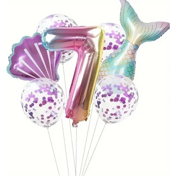 Parti Sürprizi Deniz Kızı Kuyruğu Mor Konfetili 7 Yaş Folyo Balon Set ürün görseli