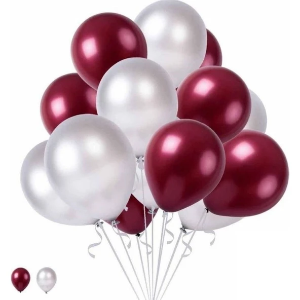 Parti Sürprizi Bordo Beyaz Metalik Latex Balon 10 Adet - 1