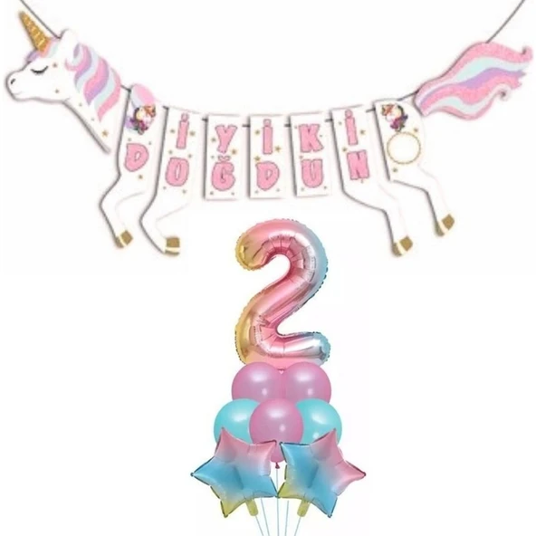 Parti Sürprizi Şekilli Unicorn 2 Yaş Iyi Ki Doğdun Gökkuşağı Balonlu Set - 1