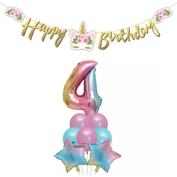 Parti Sürprizi Çiçekli Unicorn 4 Yaş Gökkuşağı Balon Set ürün görseli