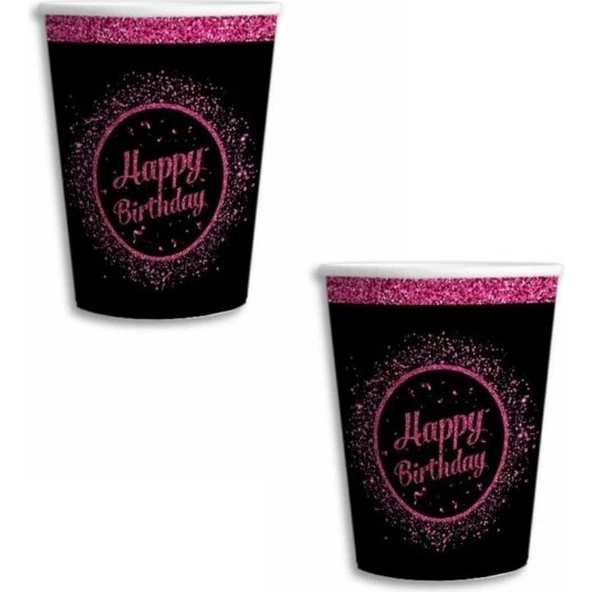 Parti Sürprizi Pembe Siyah Happy Birthday Karton Bardak 8 Adet ürün görseli