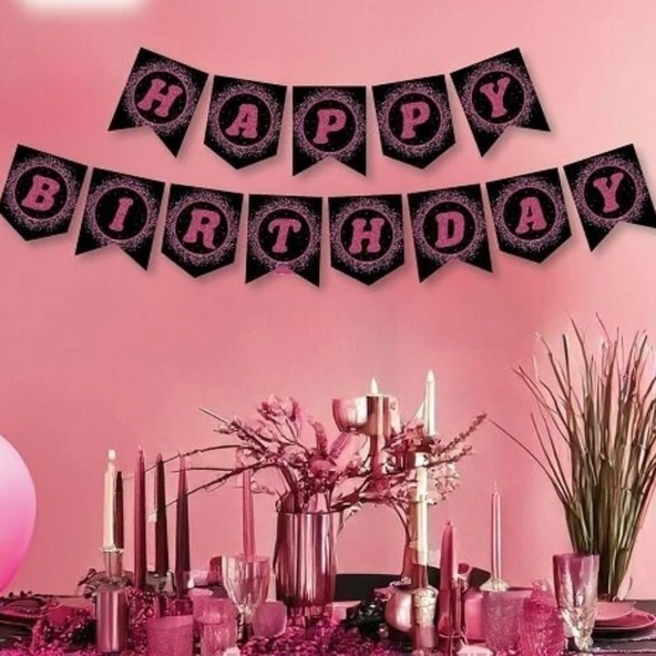 Parti Sürprizi Pembe Siyah Happy Birthday Banner Afiş ürün görseli