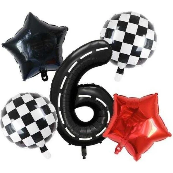 Parti Sürprizi Siyah Yarış Pisti Damalı 6 Yaş Folyo Balon Set ürün görseli