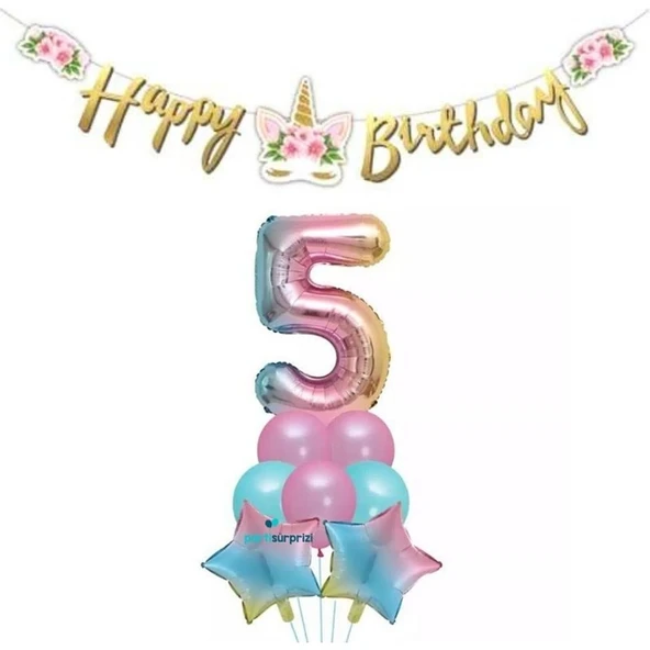 Parti Sürprizi Çiçekli Unicorn 5 Yaş Gökkuşağı Balon Set ürün görseli