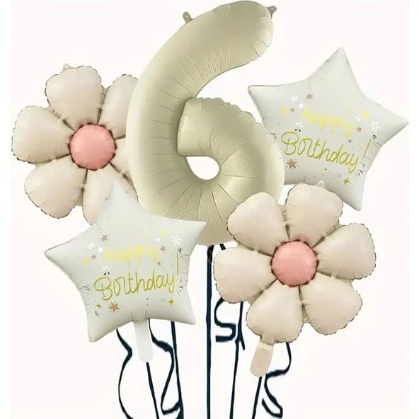 Parti Sürprizi Krem Papatya 6 Yaş Happy Birthday Yıldız Rakam Folyo Balon Set ürün görseli