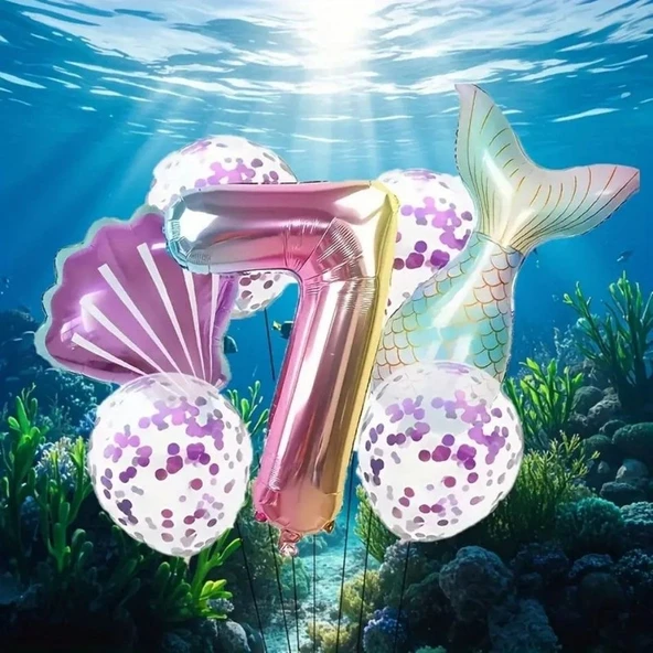 Parti Sürprizi Deniz Kızı Kuyruğu Mor Konfetili 7 Yaş Folyo Balon Set - Resim 2