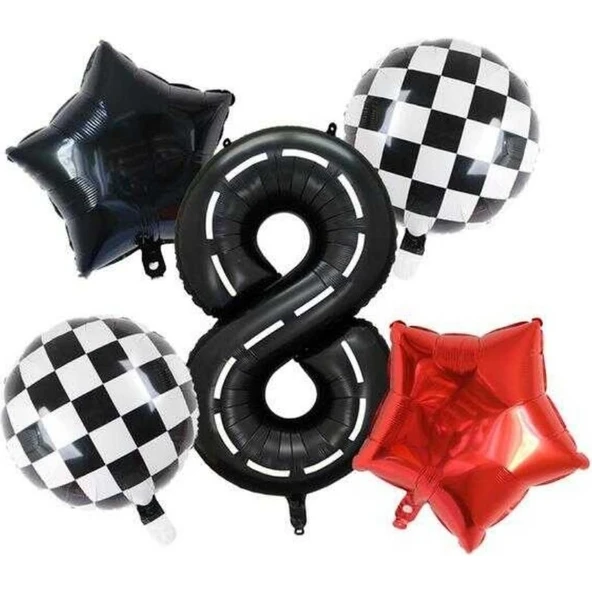 Parti Sürprizi Siyah Yarış Pisti Damalı 8 Yaş Folyo Balon Set ürün görseli