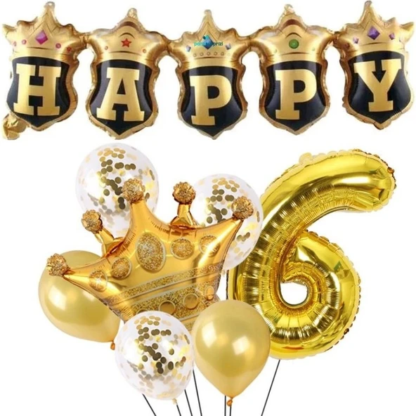 Parti Sürprizi Happy Yazılı Gold Konfetili 6 Yaş Rakam Balon Set ürün görseli