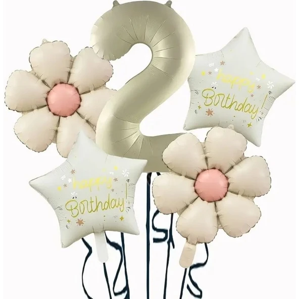 Parti Sürprizi Krem Papatya 2 Yaş Happy Birthday Yıldız Rakam Folyo Balon Set ürün görseli