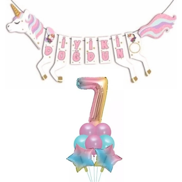 Parti Sürprizi Şekilli Unicorn 7 Yaş Iyi Ki Doğdun Gökkuşağı Balonlu Set ürün görseli