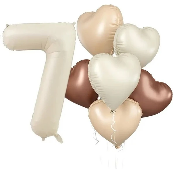 Parti Sürprizi Retro Krem 7 Yaş Kalpli Folyo Balon Set ürün görseli