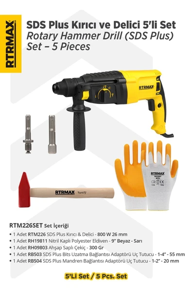 RTM226SET Sds Plus Kırıcı ve Delici 5'li Set - Eldiven-Çekiç-Uç Tutucu - 1