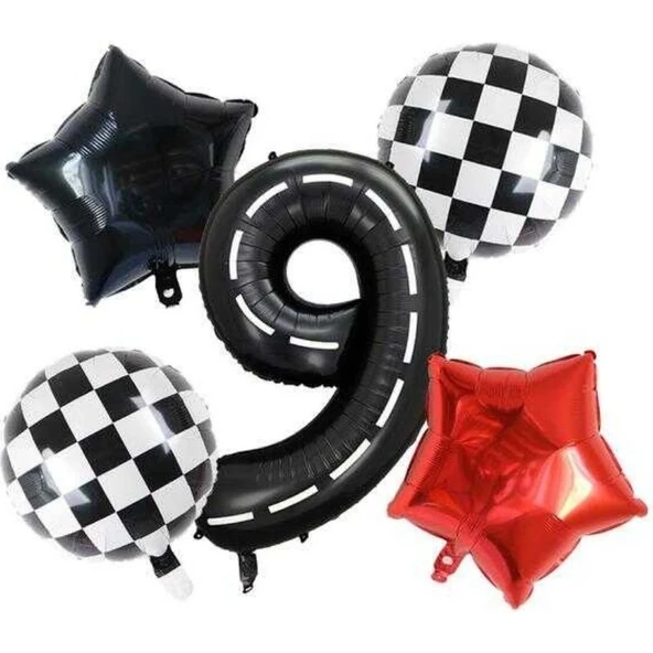 Parti Sürprizi Siyah Yarış Pisti Damalı 9 Yaş Folyo Balon Set ürün görseli