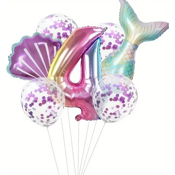 Parti Sürprizi Deniz Kızı Kuyruğu Mor Konfetili 4 Yaş Folyo Balon Set ürün görseli
