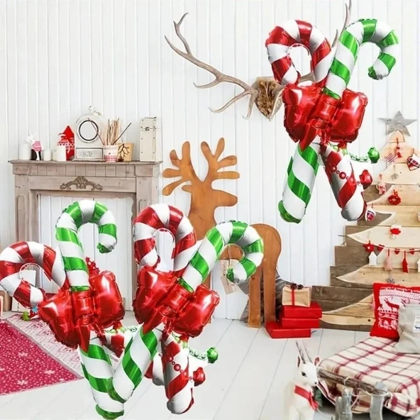 Parti Sürprizi Yılbaşı Partisi Yeşil Kırmızı Baston Folyo Balon 1 Adet - Resim 2