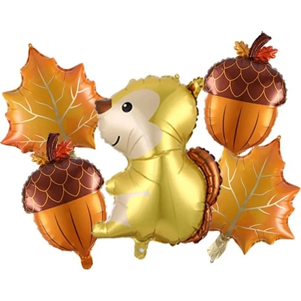 Parti Sürprizi Sonbahar Şöleni Sincap Meşe Palamudu 5 Li Folyo Balon Set ürün görseli