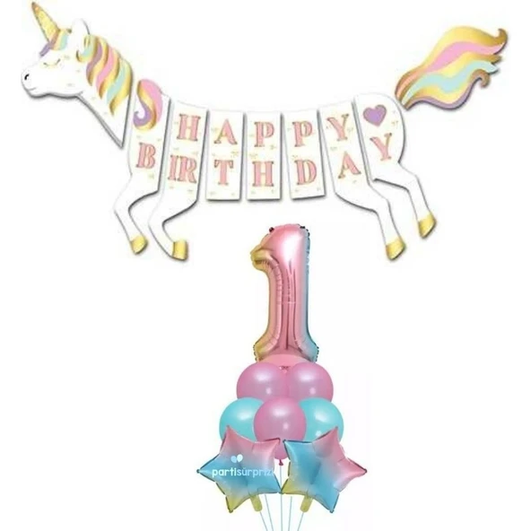 Parti Sürprizi Unicorn 1 Yaş Happy Birthday Gökkuşağı ürün görseli