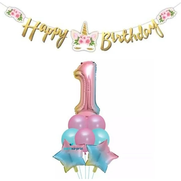 Parti Sürprizi Çiçekli Unicorn 1 Yaş Gökkuşağı Balon Set - 1