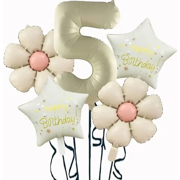 Parti Sürprizi Krem Papatya 5 Yaş Happy Birthday Yıldız Rakam Folyo Balon Set ürün görseli