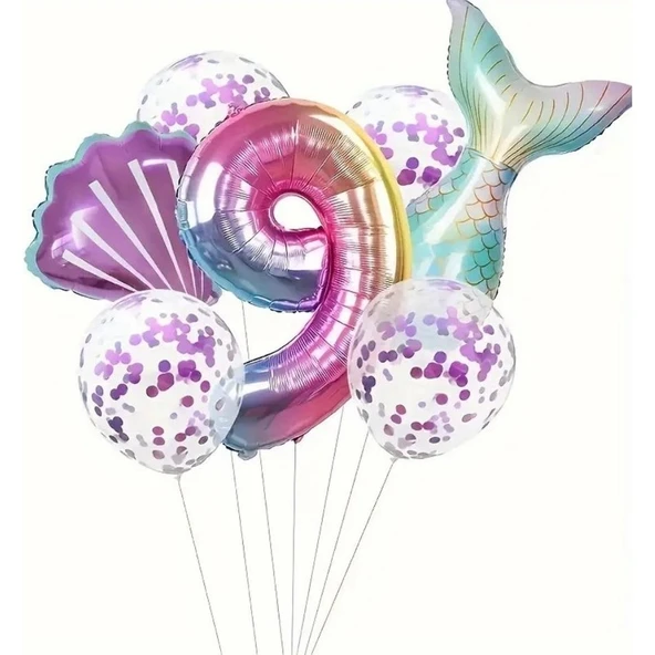 Parti Sürprizi Deniz Kızı Kuyruğu Mor Konfetili 9 Yaş Folyo Balon Set ürün görseli