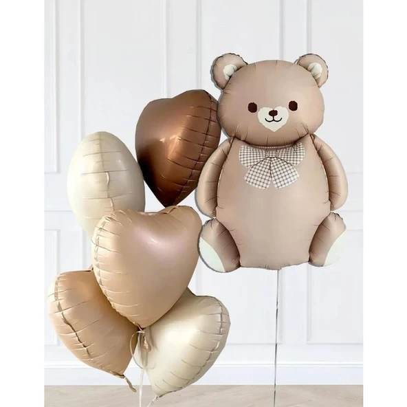 Parti Sürprizi Retro Sevimli Ayı ve 5 Retro Krem Karamel Çikolata Kahve Kalp Folyo Balon Seti ürün görseli