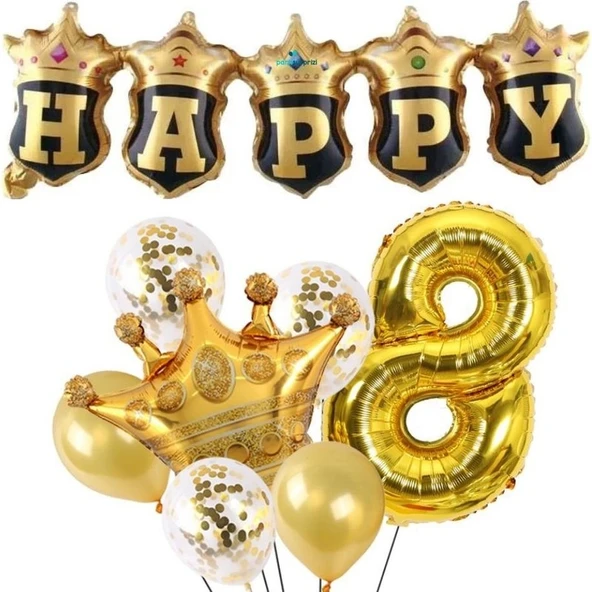 Parti Sürprizi Happy Yazılı Gold Konfetili 8 Yaş Rakam Balon Set ürün görseli