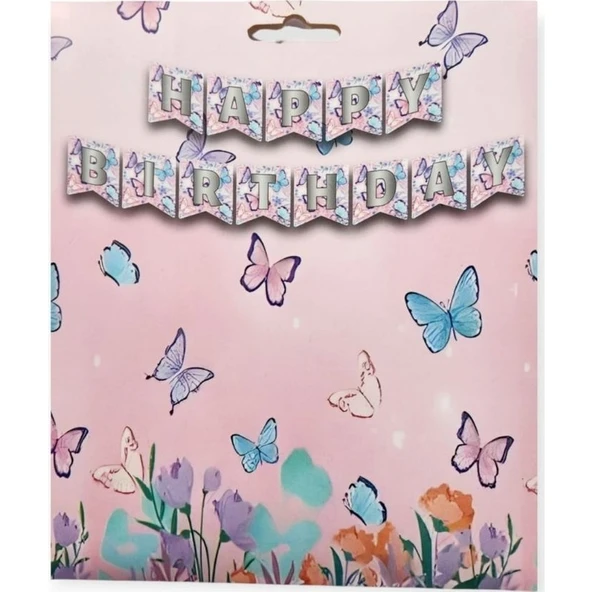 Parti Sürprizi Kelebek Teması Gümüş Baskılı Happy Birthday Banner Afiş - 1