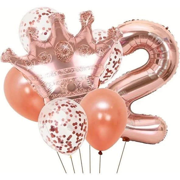 Parti Sürprizi Rose Gold Taçlı 2 Rakam Balon Set ürün görseli
