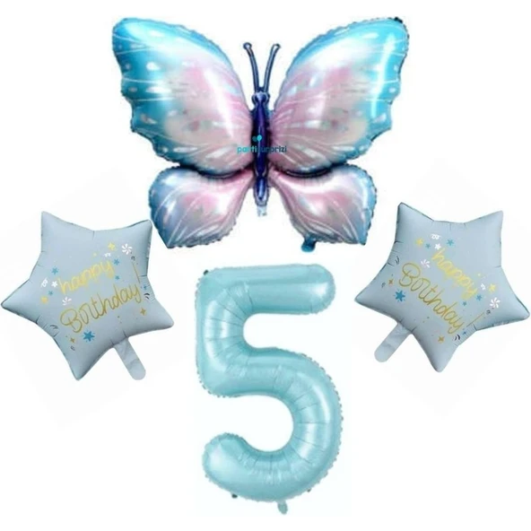Parti Sürprizi Mavi Kelebekli Happy Birthday 5 Yaş Folyo Balon Set ürün görseli