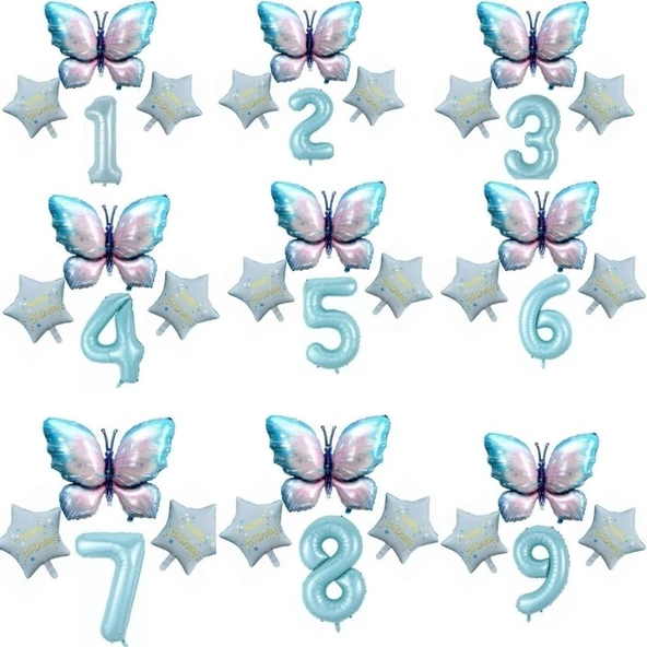 Parti Sürprizi Mavi Kelebekli Happy Birthday 7 Yaş Folyo Balon Set - Resim 2