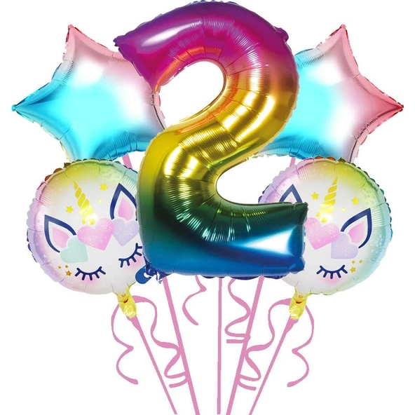 Parti Sürprizi Gökkuşağı Unicorn 2 Yaş Folyo Balon 5 Li Set ürün görseli
