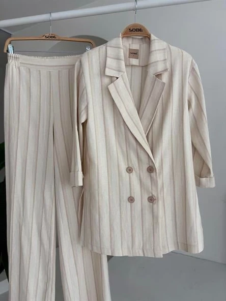 Blazer Ceketli Çizgili Keten Takım 10186 - Resim 10