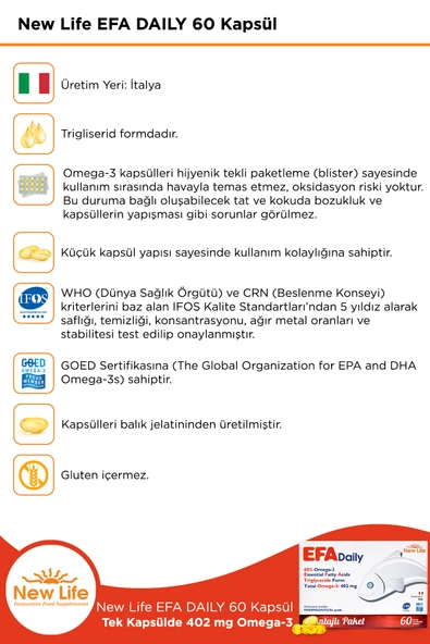 New Life Efa Daily 60 Balık Yağı Kapsülü - 402mg Omega3 - 221mg EPA - 147mg DHA - Resim 3