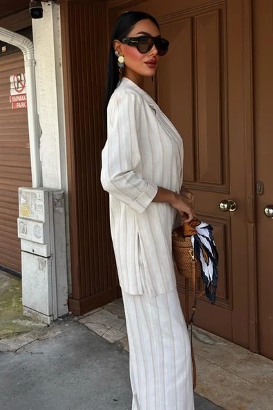 Blazer Ceketli Çizgili Keten Takım 10186 - Resim 4