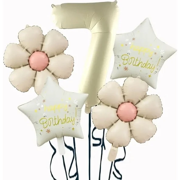 Parti Sürprizi Krem Papatya 7 Yaş Happy Birthday Yıldız Rakam Folyo Balon Set ürün görseli