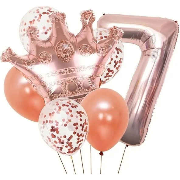 Parti Sürprizi Rose Gold Taçlı 7 Rakam Balon Set ürün görseli