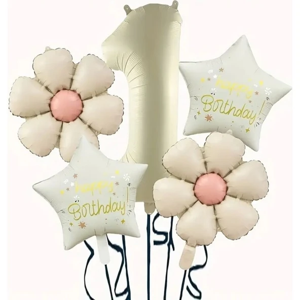 Parti Sürprizi Krem Papatya 1 Yaş Happy Birthday Yıldız Rakam Folyo Balon Set - 1