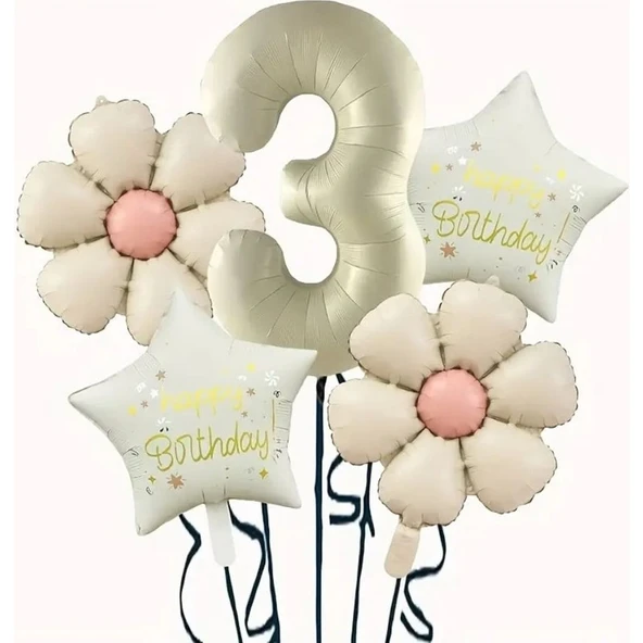 Parti Sürprizi Krem Papatya 3 Yaş Happy Birthday Yıldız Rakam Folyo Balon Set ürün görseli