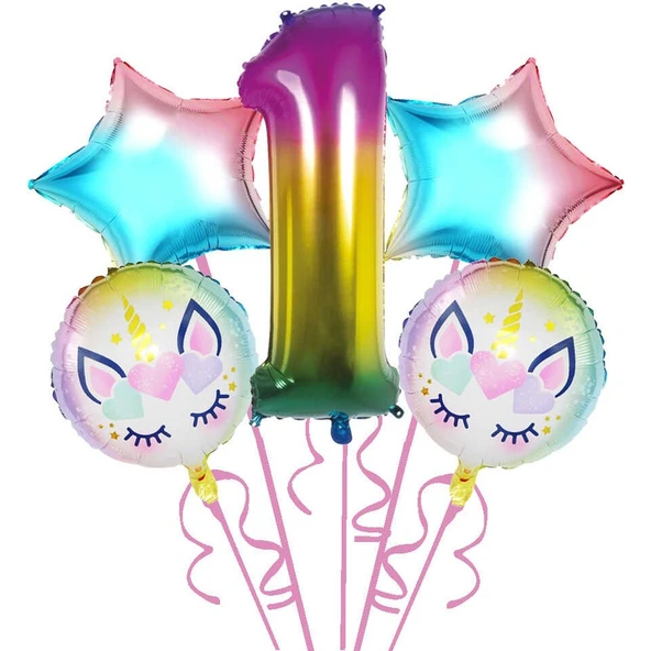 Parti Sürprizi Gökkuşağı Unicorn 1 Yaş Folyo Balon 5 Li Set ürün görseli