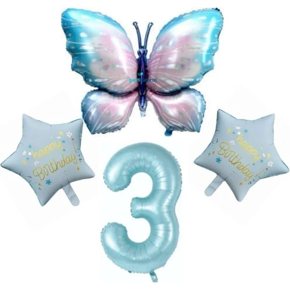 Parti Sürprizi Mavi Kelebekli Happy Birthday 3 Yaş Folyo Balon Set ürün görseli