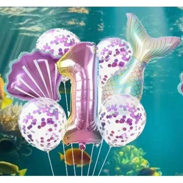 Parti Sürprizi Deniz Kızı Kuyruğu Mor Konfetili 1 Yaş Folyo Balon Set - 2