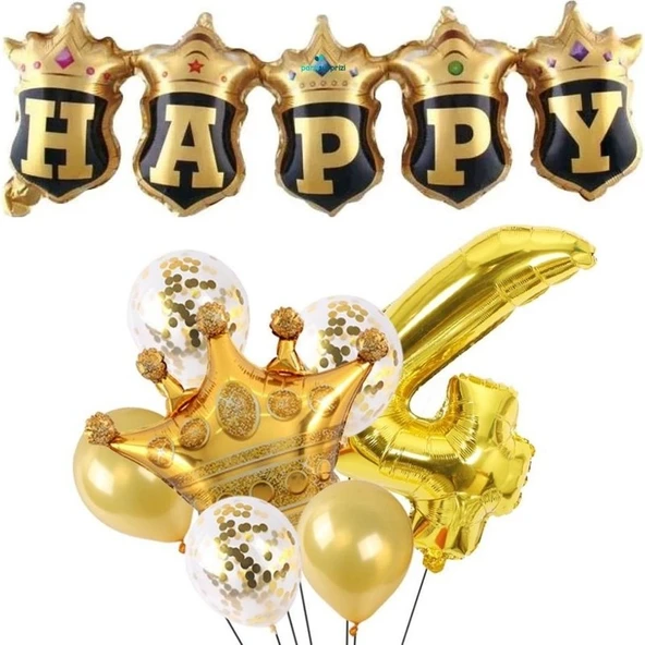 Parti Sürprizi Happy Yazılı Gold Konfetili 4 Yaş Rakam Balon Set ürün görseli