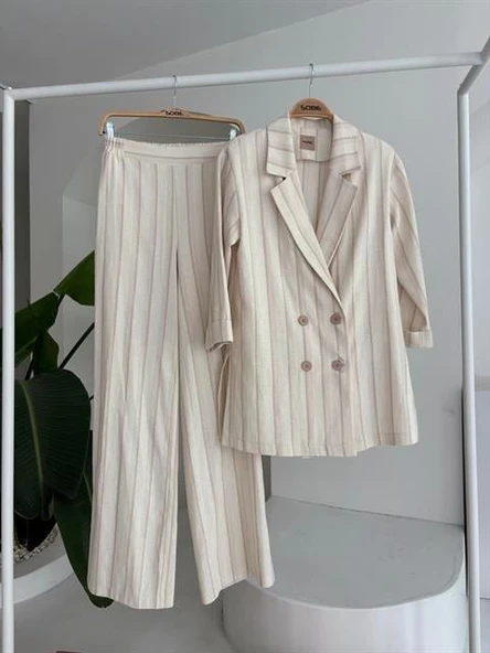 Blazer Ceketli Çizgili Keten Takım 10186 - Resim 9