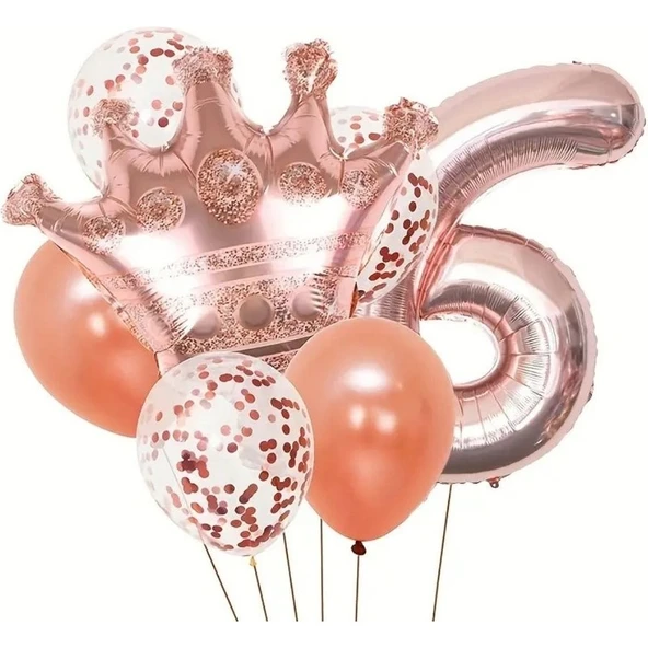 Parti Sürprizi Rose Gold Taçlı 6 Rakam Balon Set ürün görseli