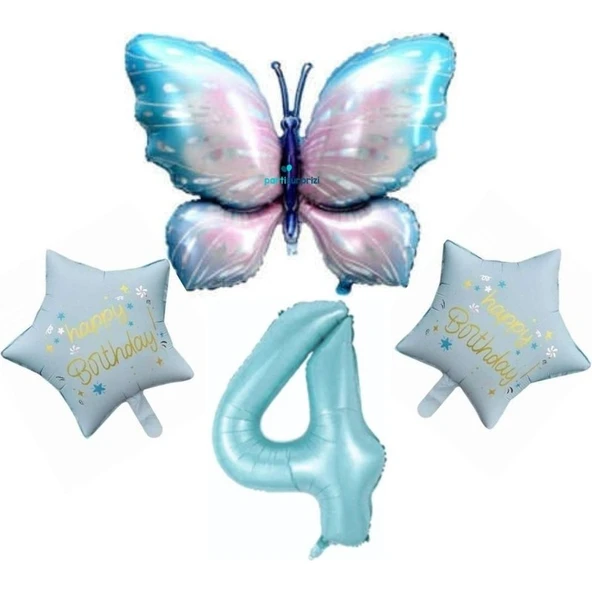 Parti Sürprizi Mavi Kelebekli Happy Birthday 4 Yaş Folyo Balon Set ürün görseli