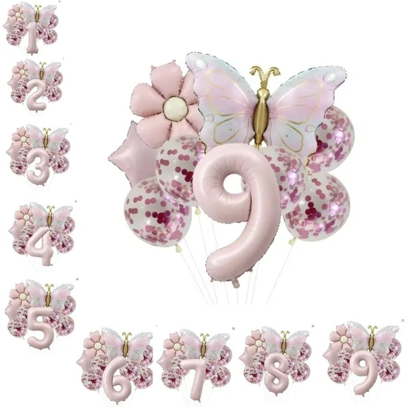 Parti Sürprizi Gold Kelebek Papatyalı 9 Yaş Folyo Balon Set ürün görseli