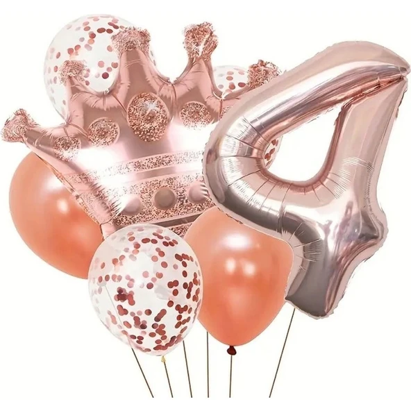 Parti Sürprizi Rose Gold Taçlı 4 Rakam Balon Set ürün görseli