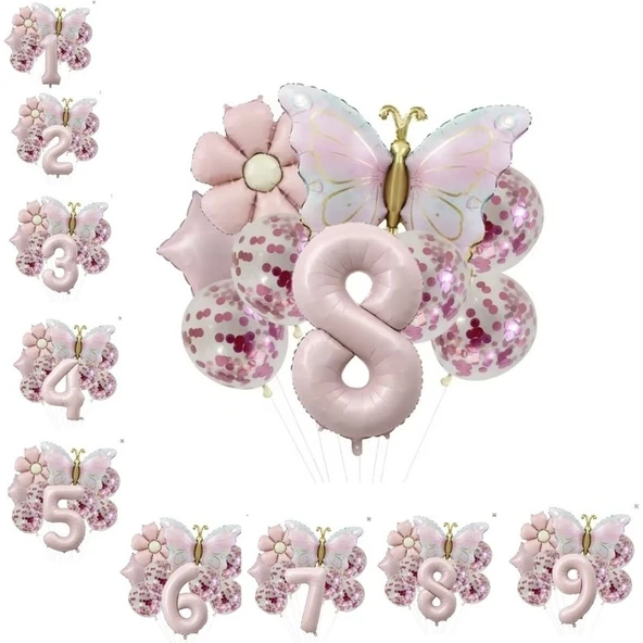 Parti Sürprizi Gold Kelebek Papatyalı 8 Yaş Folyo Balon Set ürün görseli